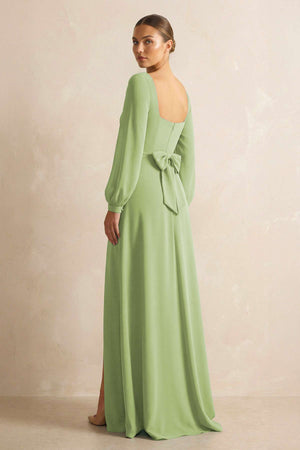 Square Neck Long Sleeves Chiffon Sheath Bridesmaid Dress in Matcha - SHE IS ME Bridesmaid Dresses
