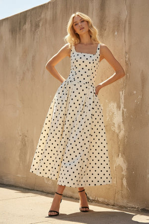 Square Neck Polka Dot Midi Dress in Ivory - SHE IS ME