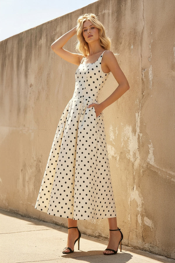 Square Neck Polka Dot Midi Dress in Ivory - SHE IS ME