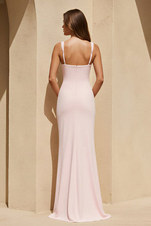 Square Neck Ruched Slit Maxi Dress in Pink - SHE IS ME