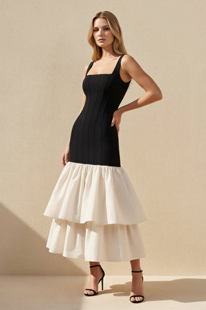 Square Neck Ruffled Midi Dress in Black and White - SHE IS ME