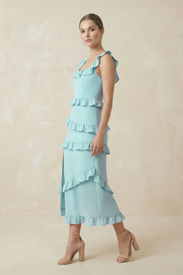 Square Neck Ruffled Sheath Satin Midi Bridesmaid Dress in Bleached Aqua - SHE IS ME Bridesmaid Dresses