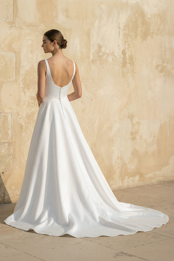 Square Neck Satin Wedding Dress With Appliques in White - SHE IS ME Wedding Dresses