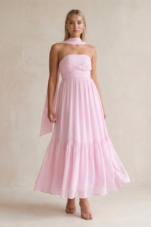 Strapless A - Line Chiffon Ruffled Bridesmaid Dress With Ribbon in Candy Pink - SHE IS ME Bridesmaid Dresses