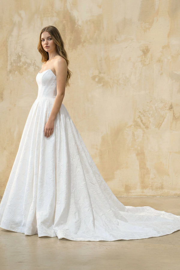 Strapless A Line Satin Wedding Dress in White - SHE IS ME Wedding Dresses