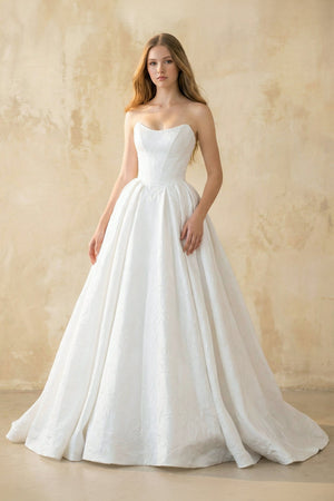 Strapless A Line Satin Wedding Dress in White - SHE IS ME Wedding Dresses