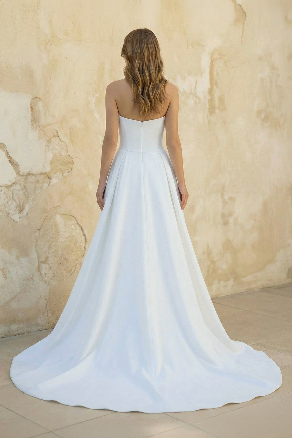 Strapless A Line Satin Wedding Dress With Slit in White - SHE IS ME Wedding Dresses