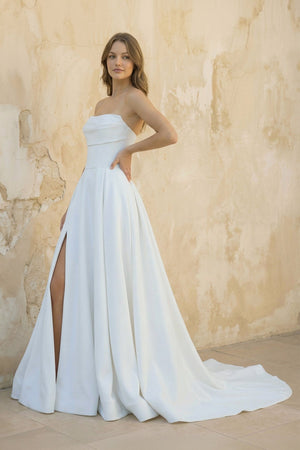 Strapless A Line Satin Wedding Dress With Slit in White - SHE IS ME Wedding Dresses