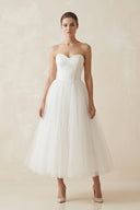 Strapless A Line Tulle Midi Wedding Dress in White - SHE IS ME Wedding Dresses
