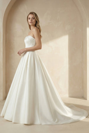Strapless Bow - Back Pearls A - Line Wedding Dresses in White - SHE IS ME Wedding Dresses