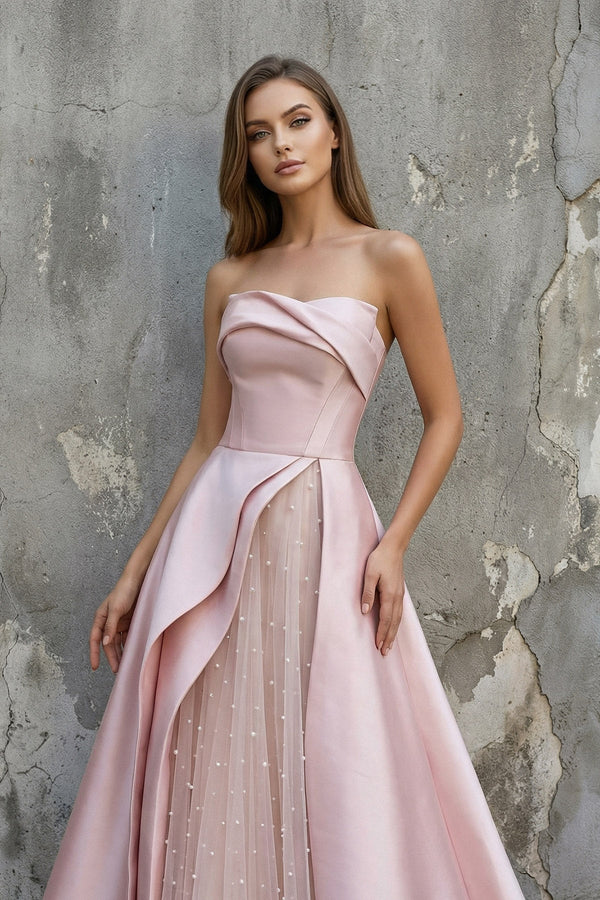 Strapless Draped Satin Gown With Pearl in Pink - SHE IS ME