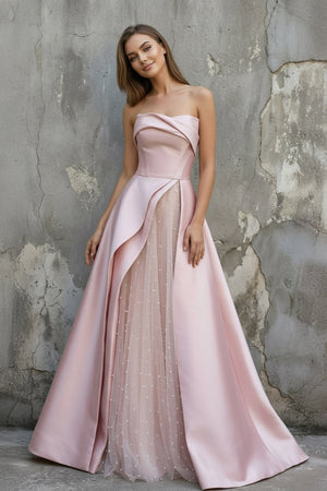 Strapless Draped Satin Gown With Pearl in Pink - SHE IS ME