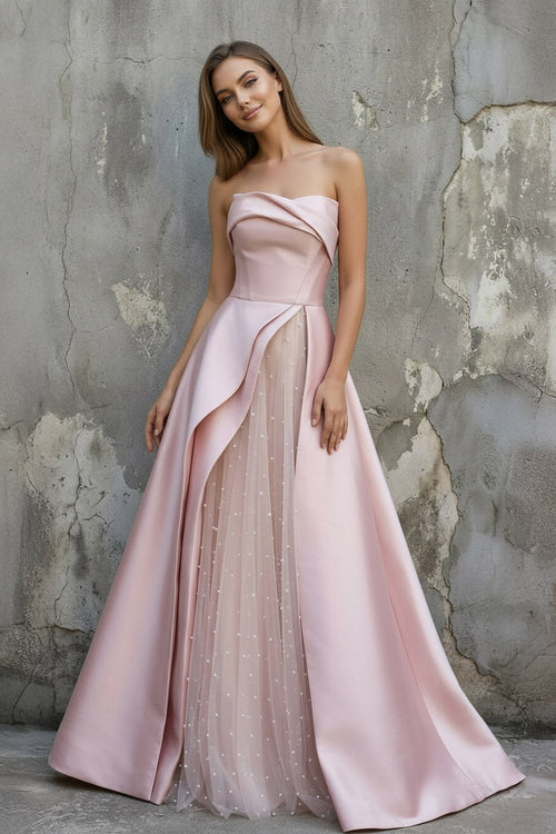 Strapless Draped Satin Gown With Pearl in Pink - SHE IS ME
