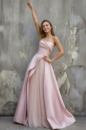 Strapless Draped Satin Gown With Pearl in Pink - SHE IS ME