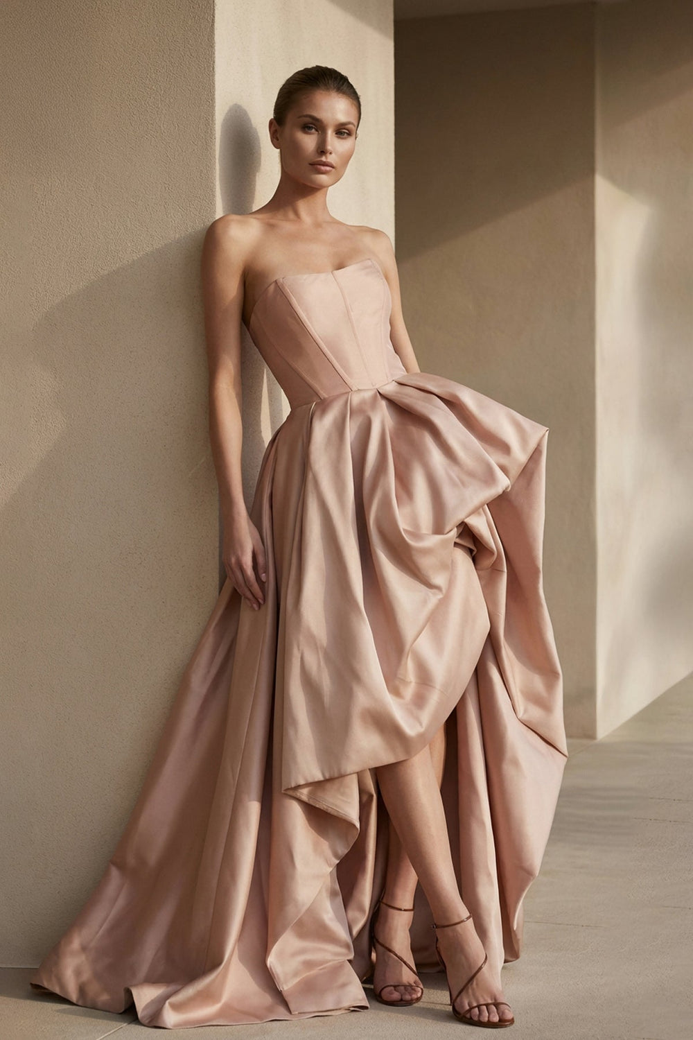 Strapless High - Low Pleated Gown in Blush - SHE IS ME