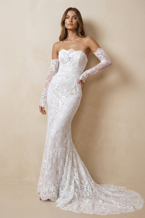 Strapless Lace Sheath Long Sleeve Wedding Dress in Ivory - SHE IS ME Wedding Dresses