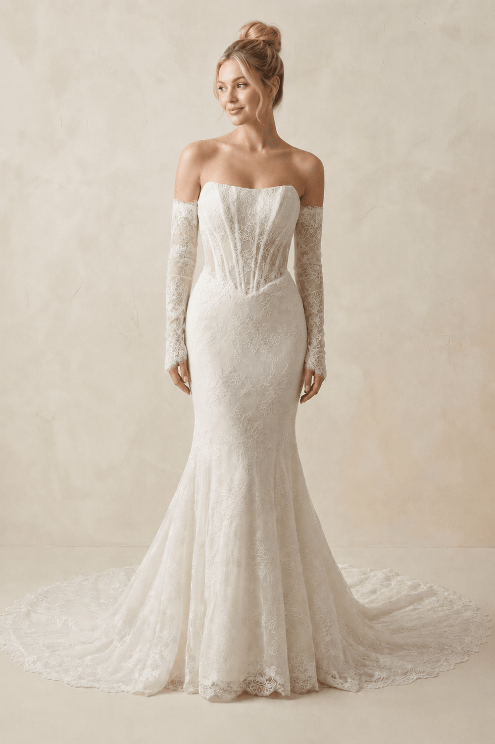 Strapless Mermaid Lace Corset Wedding Dress With Detachable Sleeves in Ivory - SHE IS ME Wedding Dresses