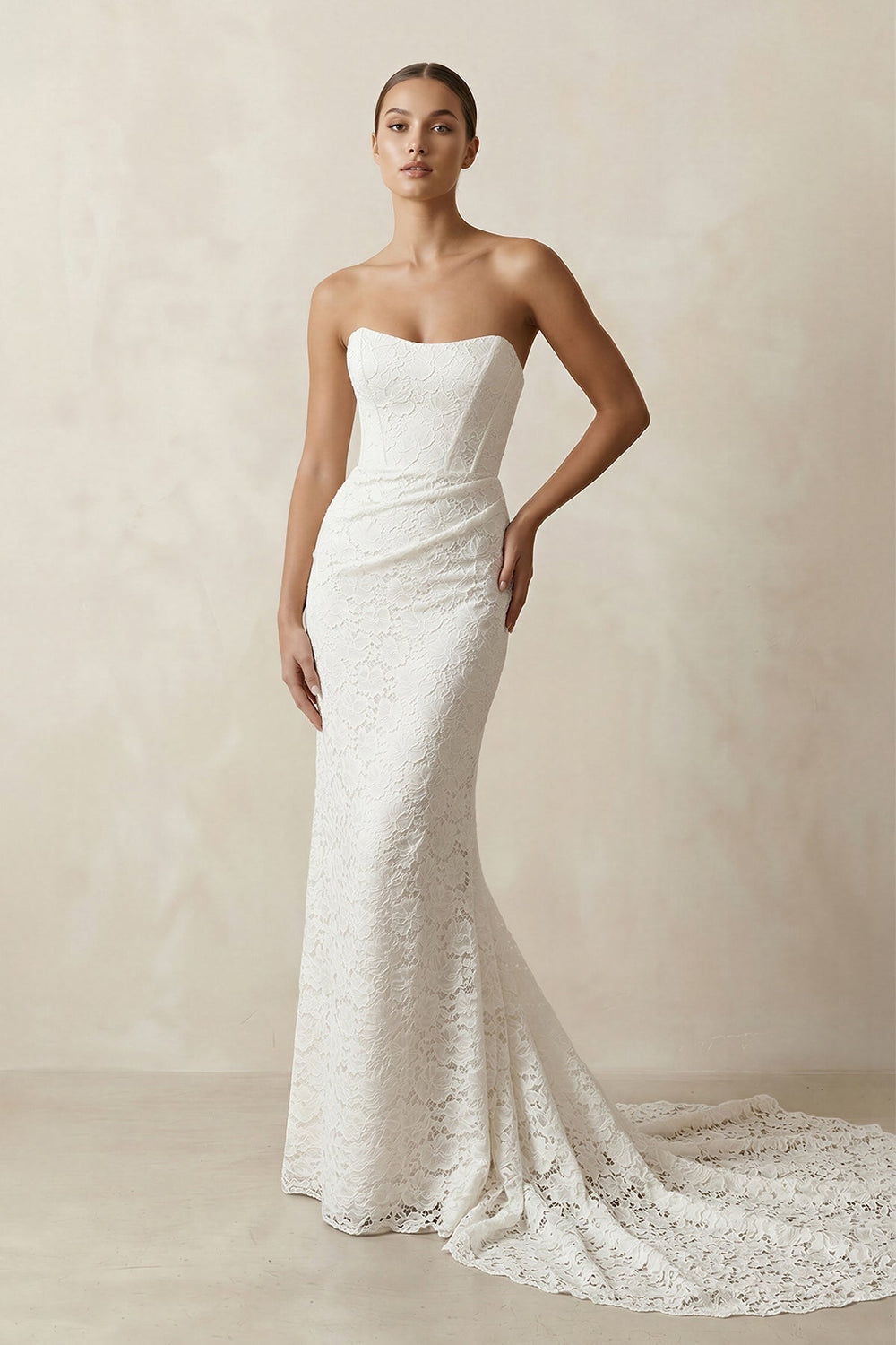 Strapless Mermaid Lace Wedding Dress with Corset in White - SHE IS ME Wedding Dresses