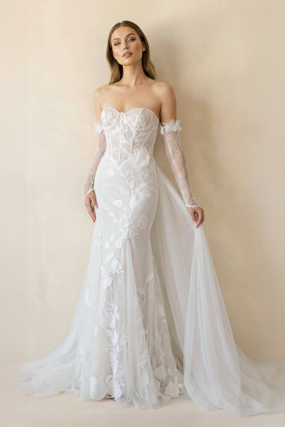 Strapless Mermaid Tulle Wedding Dress With Floral in Ivory - SHE IS ME Wedding Dresses