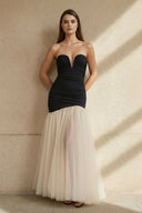 Strapless Pleated Gown With Slit in Black and Ivory - SHE IS ME