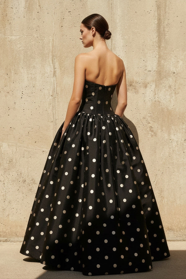 Strapless Polka Dot Maxi Dress in Black - SHE IS ME