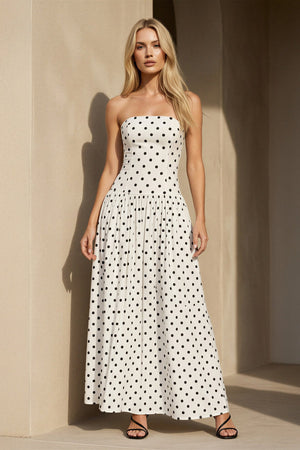 Strapless Polka Dot Maxi Dress in White - SHE IS ME