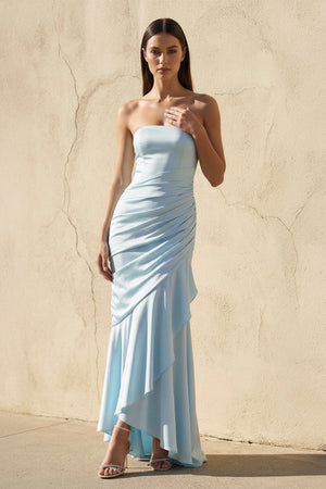 Strapless Ruched Asymmetric Gown in Sky Blue - SHE IS ME