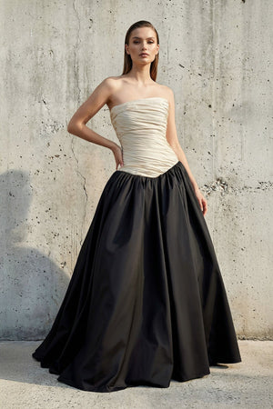 Strapless Ruched Bodice Gown in Black and Ivory - SHE IS ME