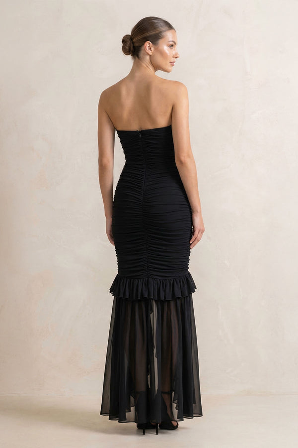 Strapless Ruched Ruffle High - Low Maxi Dress in Black - SHE IS ME PROM DRESSES