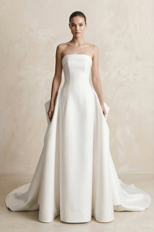Strapless Satin Ball Gown Wedding Dress in White - SHE IS ME Wedding Dresses