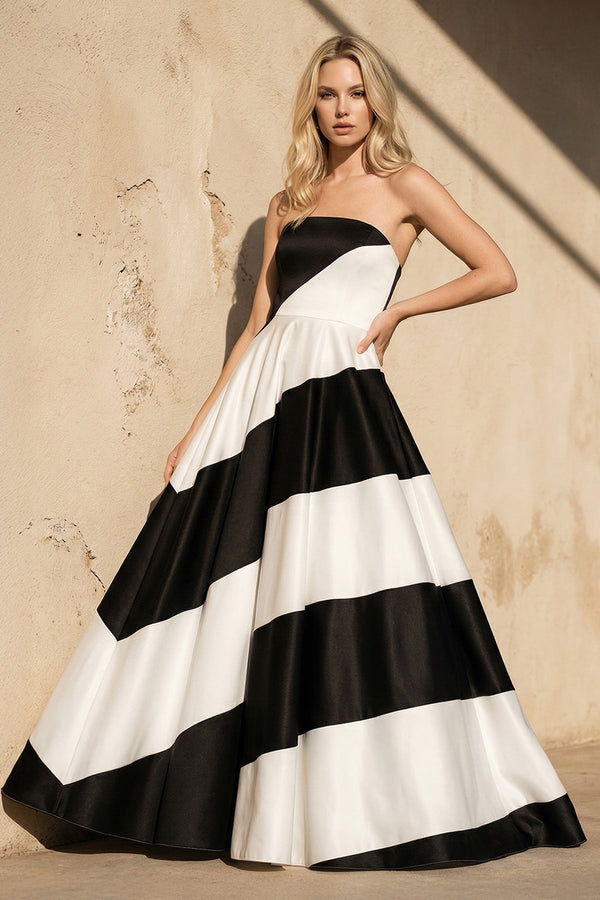 Strapless Satin Gown in Black and White - SHE IS ME