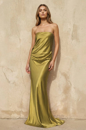 Strapless Sheath Maxi Dress in Olive - SHE IS ME PROM DRESSES