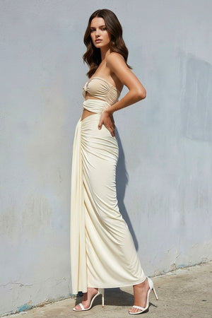 Strapless Sheath Maxi Dress With Cutout in Ivory - SHE IS ME