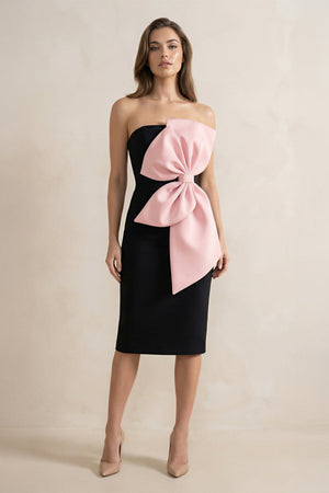 Strapless Sheath Midi Dress With Bow in Black and Pink - SHE IS ME