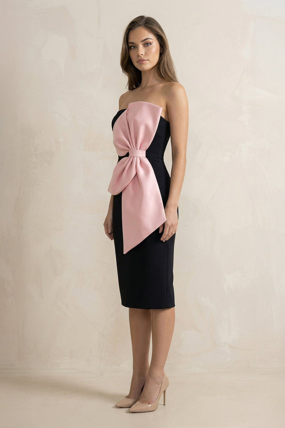Strapless Sheath Midi Dress With Bow in Black and Pink - SHE IS ME