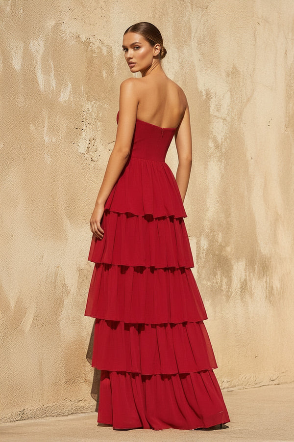 Strapless Tiered Maxi Dress in Red - SHE IS ME