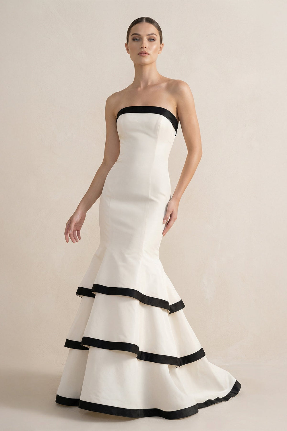 Strapless Tiered Mermaid Prom Gown in Black and White - SHE IS ME PROM DRESSES
