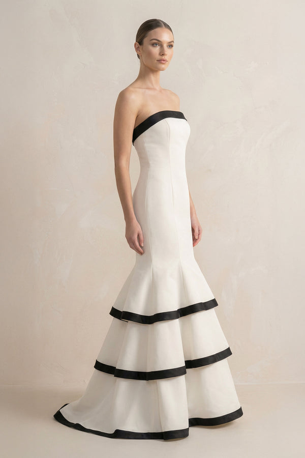 Strapless Tiered Mermaid Prom Gown in Black and White - SHE IS ME PROM DRESSES