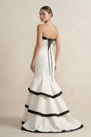 Strapless Tiered Mermaid Prom Gown in Black and White - SHE IS ME PROM DRESSES