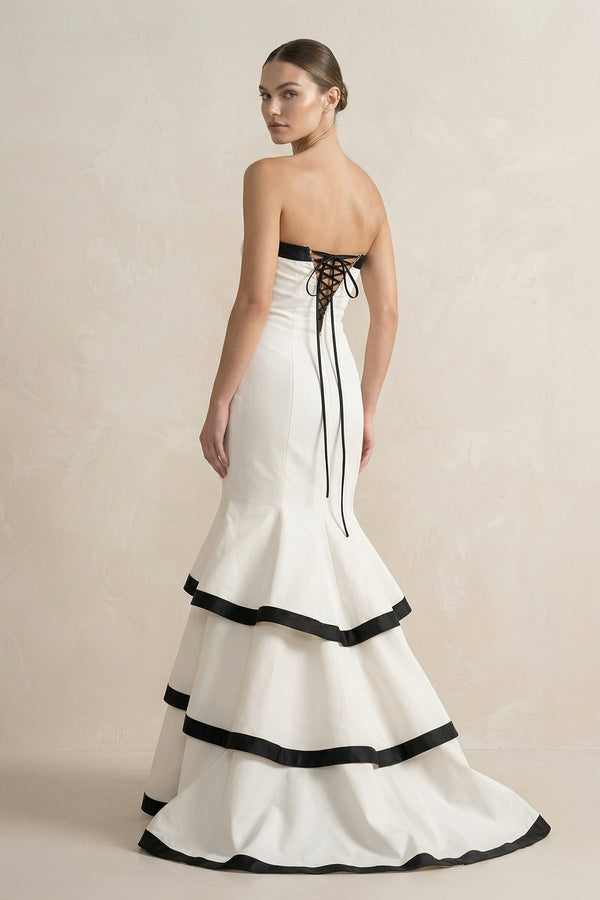 Strapless Tiered Mermaid Prom Gown in Black and White - SHE IS ME PROM DRESSES