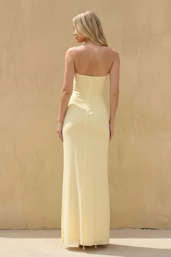 Strapless Twist - Front Ruffled Maxi Dress in Yellow - SHE IS ME