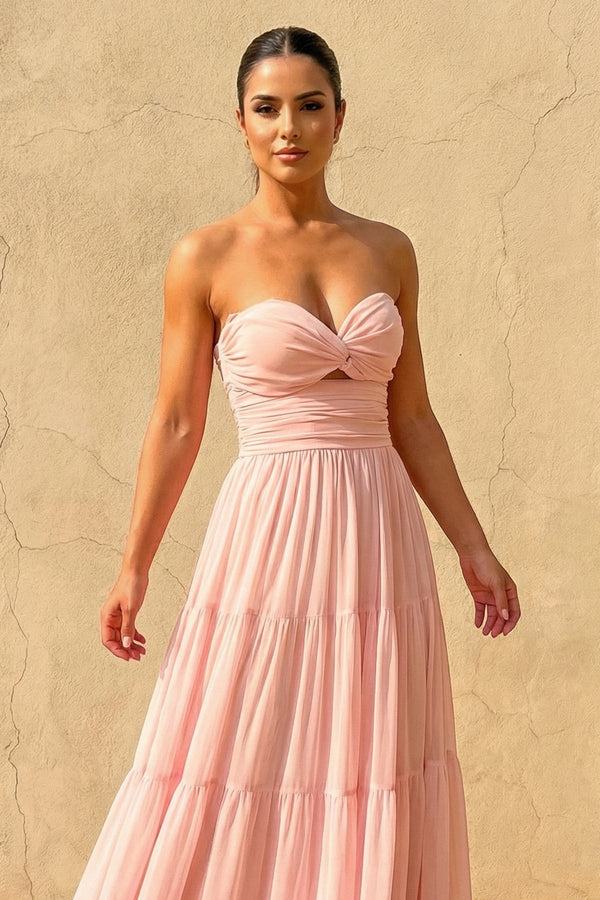 Strapless Twist - Front Tiered Maxi Dress in Blush - SHE IS ME