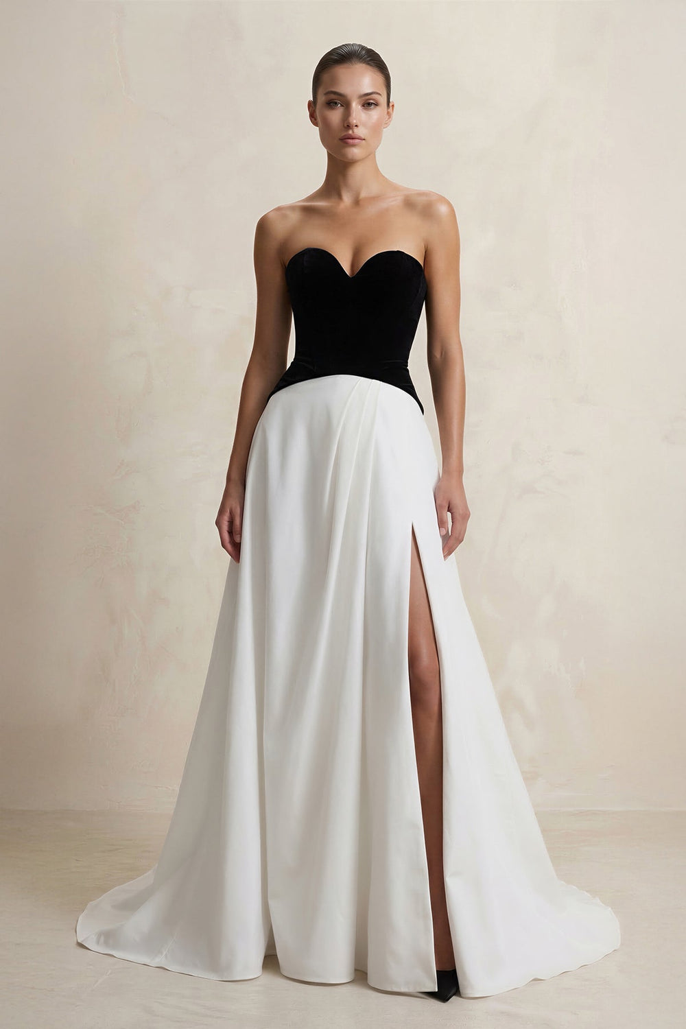 Strapless Velvet Slit Prom Dress in Black and White - SHE IS ME PROM DRESSES