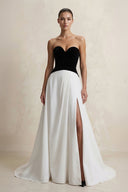 Strapless Velvet Slit Prom Dress in Black and White - SHE IS ME PROM DRESSES