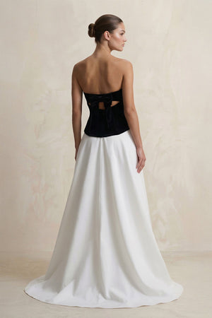 Strapless Velvet Slit Prom Dress in Black and White - SHE IS ME PROM DRESSES