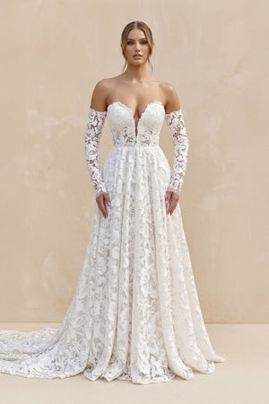 Sweetheart A - Line Floral Lace Long Sleeve Wedding Dress in Ivory - SHE IS ME Wedding Dresses