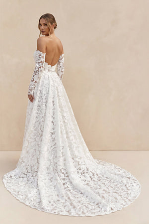 Sweetheart A - Line Floral Lace Long Sleeve Wedding Dress in Ivory - SHE IS ME Wedding Dresses