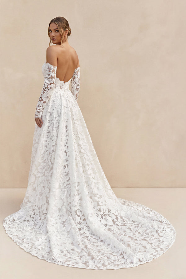 Sweetheart A - Line Floral Lace Long Sleeve Wedding Dress in Ivory - SHE IS ME Wedding Dresses