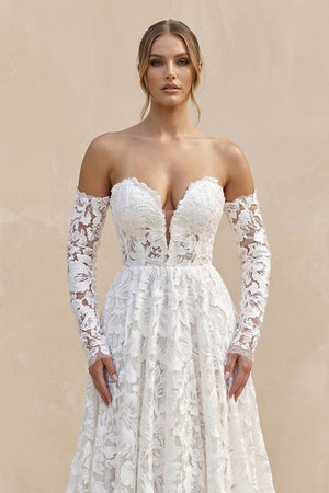 Sweetheart A - Line Floral Lace Long Sleeve Wedding Dress in Ivory - SHE IS ME Wedding Dresses