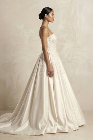 Sweetheart Beaded Satin Ball Gown Wedding Dress in Ivory - SHE IS ME Wedding Dresses